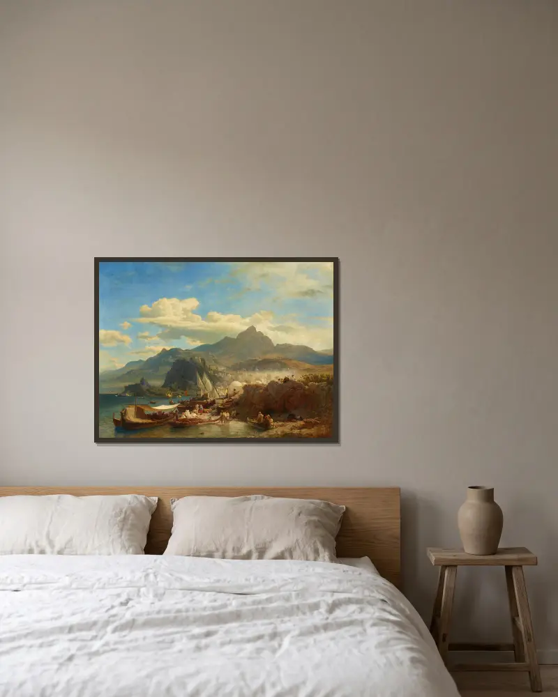 Livlig hamn vid den levantinska kusten av Andreas Achenbach inramad på en vägg
