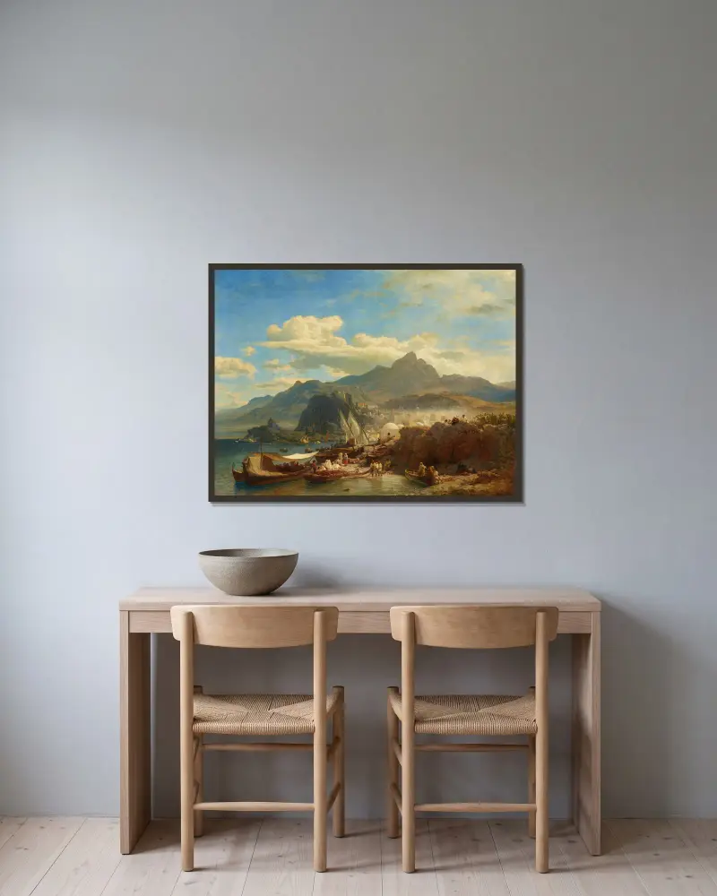 Livlig hamn vid den levantinska kusten av Andreas Achenbach inramad på en vägg
