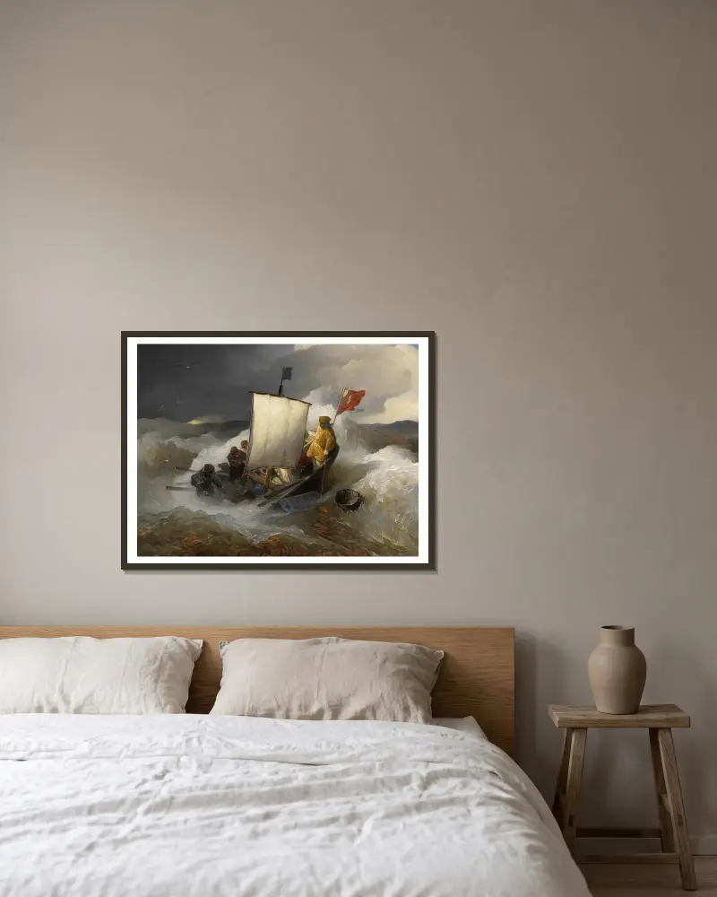 Fiskebåt på stormigt hav av Andreas Achenbach inramad på en vägg