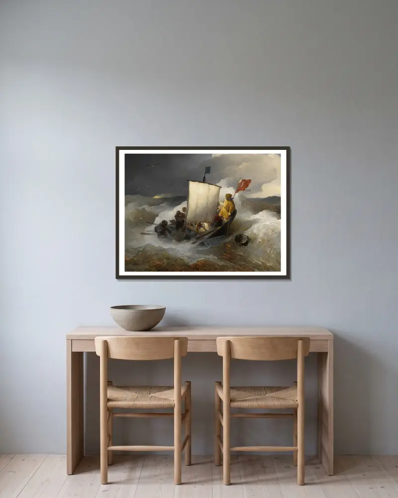 Fiskebåt på stormigt hav av Andreas Achenbach inramad på en vägg