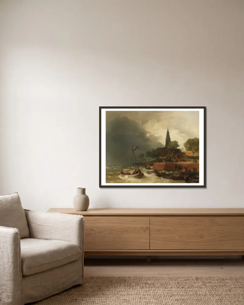 Holländsk hamn i storm av Andreas Achenbach inramad på en vägg