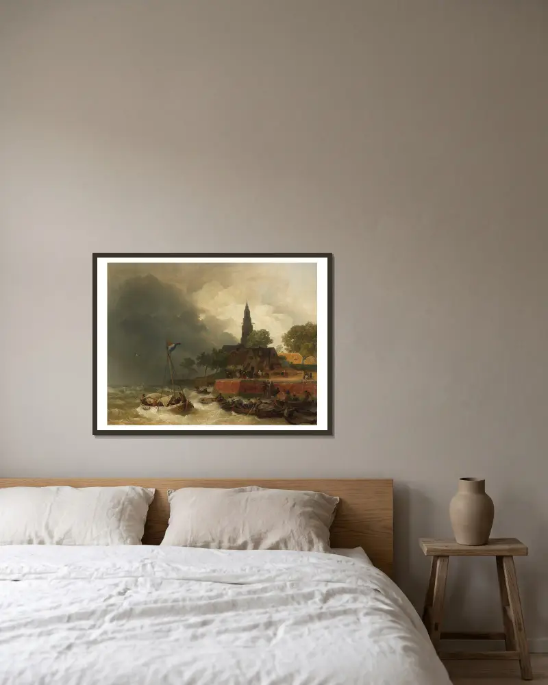 Holländsk hamn i storm av Andreas Achenbach inramad på en vägg