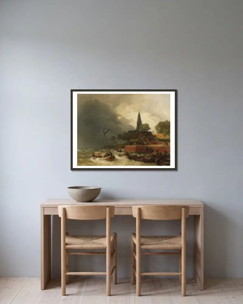 Holländsk hamn i storm av Andreas Achenbach inramad på en vägg