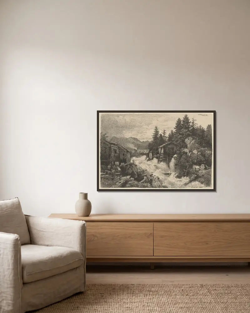Landschaft mit reißendem Bach von Andreas Achenbach gerahmt an einer Wand