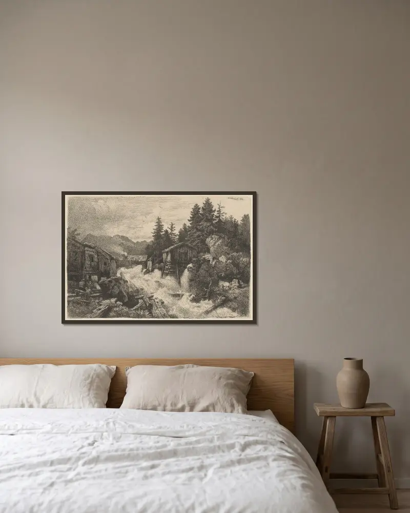 Landschaft mit reißendem Bach von Andreas Achenbach gerahmt an einer Wand