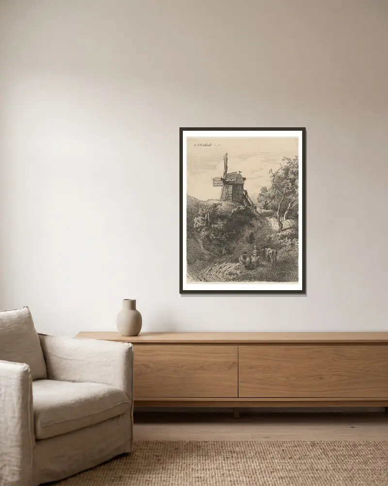 Pejzaż z wiatrakiem na wzgórzu, Andreas Achenbach w ramie na ścianie