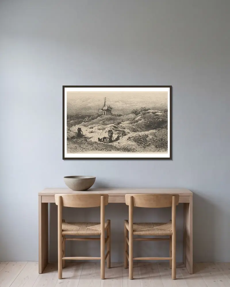 Pejzaż z wiatrakiem, Andreas Achenbach w ramie na ścianie