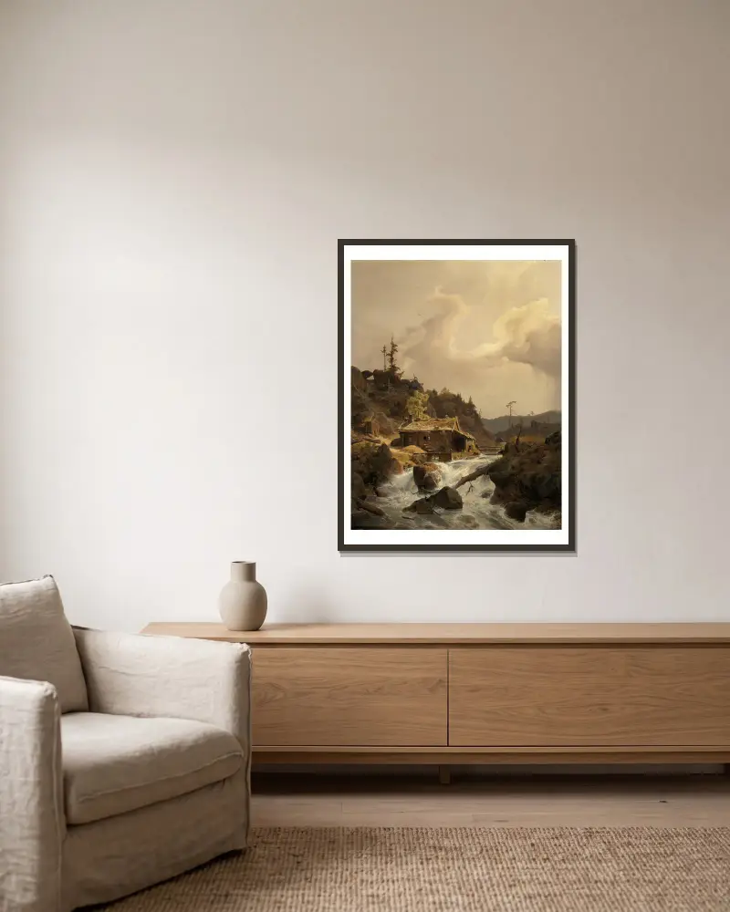 Norskt landskap med sågverk av Andreas Achenbach inramad på en vägg