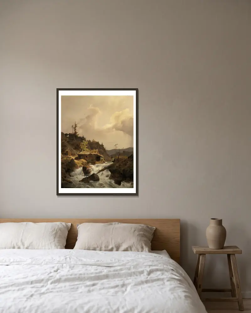 Norskt landskap med sågverk av Andreas Achenbach inramad på en vägg