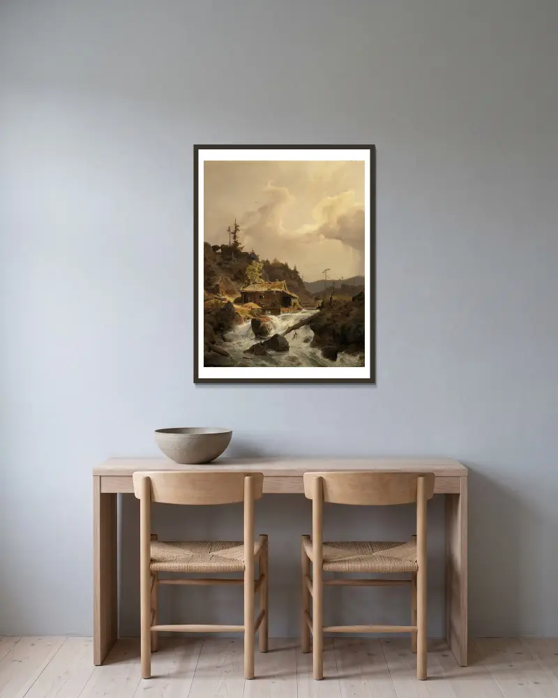 Norskt landskap med sågverk av Andreas Achenbach inramad på en vägg