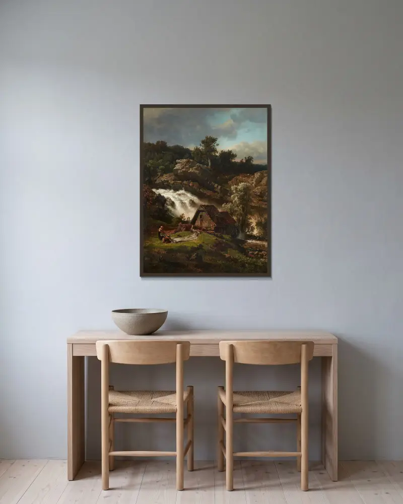 Norwegische Wassermühle av Andreas Achenbach inramad på en vägg