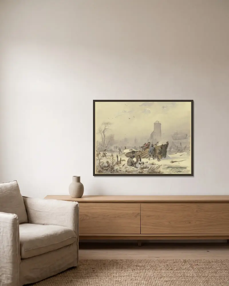 Schiffer bei einem eingefrorenen Schiffe von Andreas Achenbach gerahmt an einer Wand