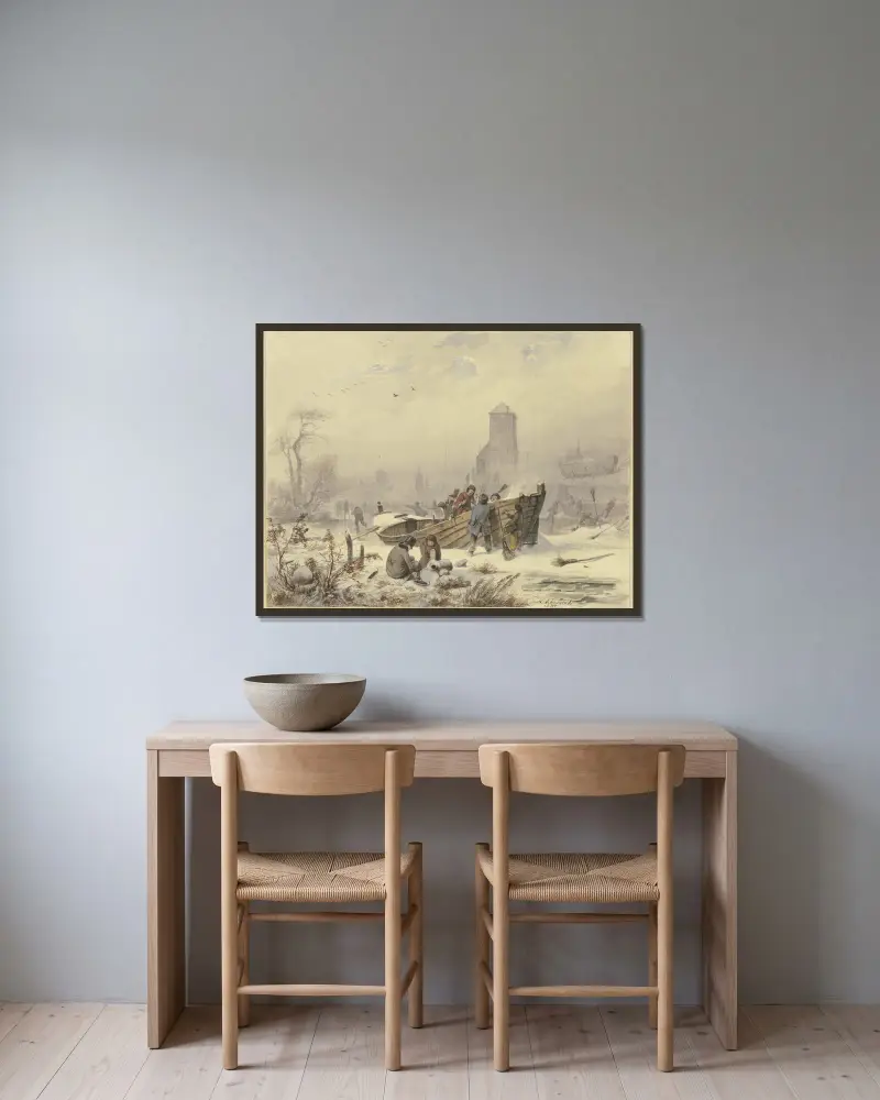 Schiffer bei einem eingefrorenen Schiffe von Andreas Achenbach gerahmt an einer Wand