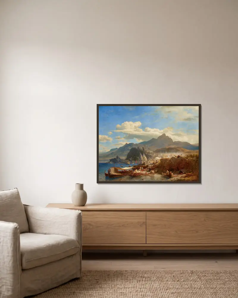 Scilla vid Kalabriens kust av Andreas Achenbach inramad på en vägg