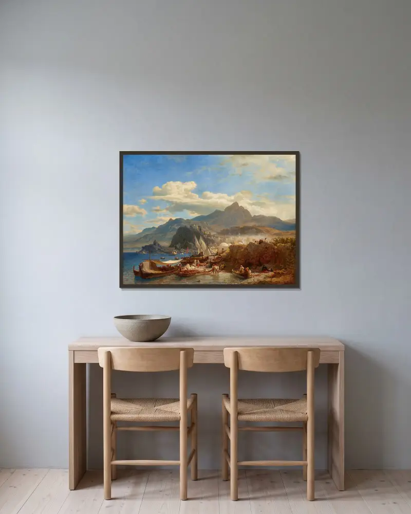 Scilla vid Kalabriens kust av Andreas Achenbach inramad på en vägg