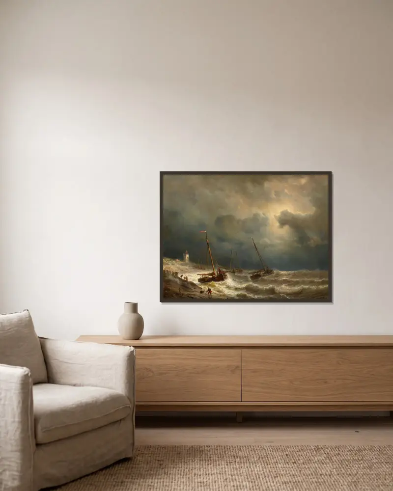 Plachetnice u bouřlivého pobřeží, Andreas Achenbach v rámu na stěně