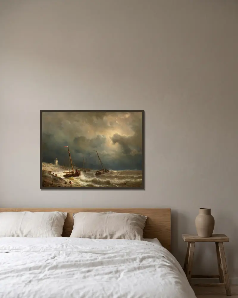Plachetnice u bouřlivého pobřeží, Andreas Achenbach v rámu na stěně