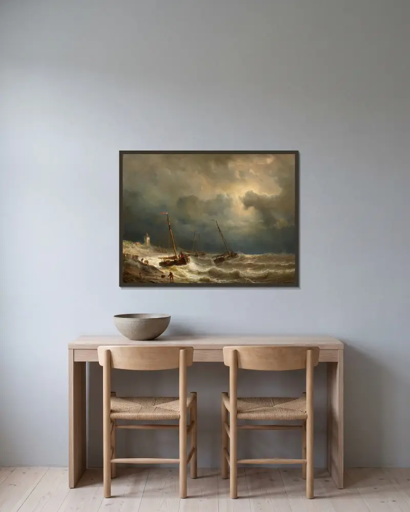 Plachetnice u bouřlivého pobřeží, Andreas Achenbach v rámu na stěně