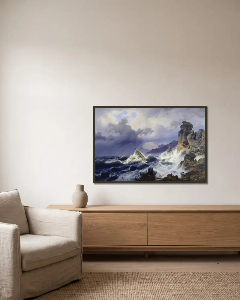 Sztorm na morzu u wybrzeży Norwegii, Andreas Achenbach w ramie na ścianie