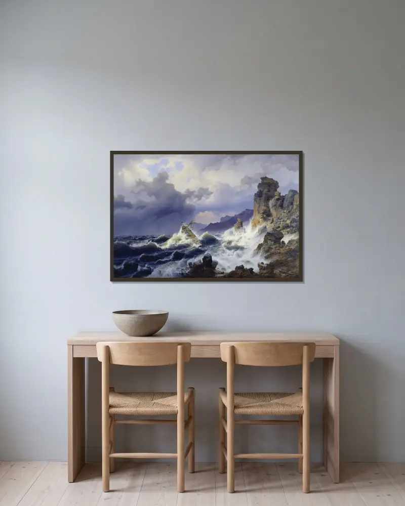 Sztorm na morzu u wybrzeży Norwegii, Andreas Achenbach w ramie na ścianie