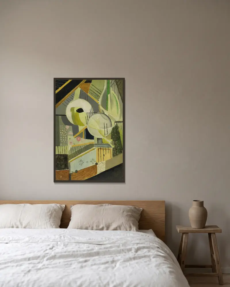 Oiseaux no. 4 av Ángel Zárraga inramad på en vägg