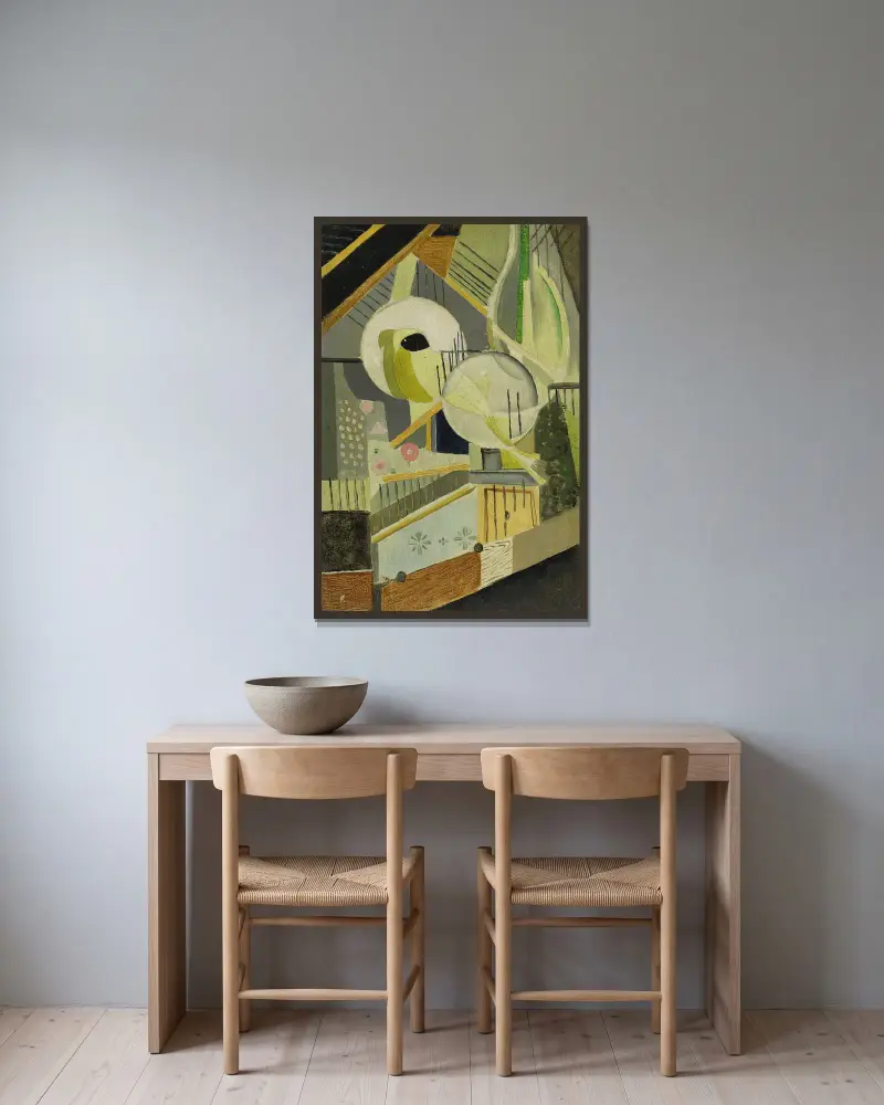 Oiseaux no. 4 av Ángel Zárraga inramad på en vägg