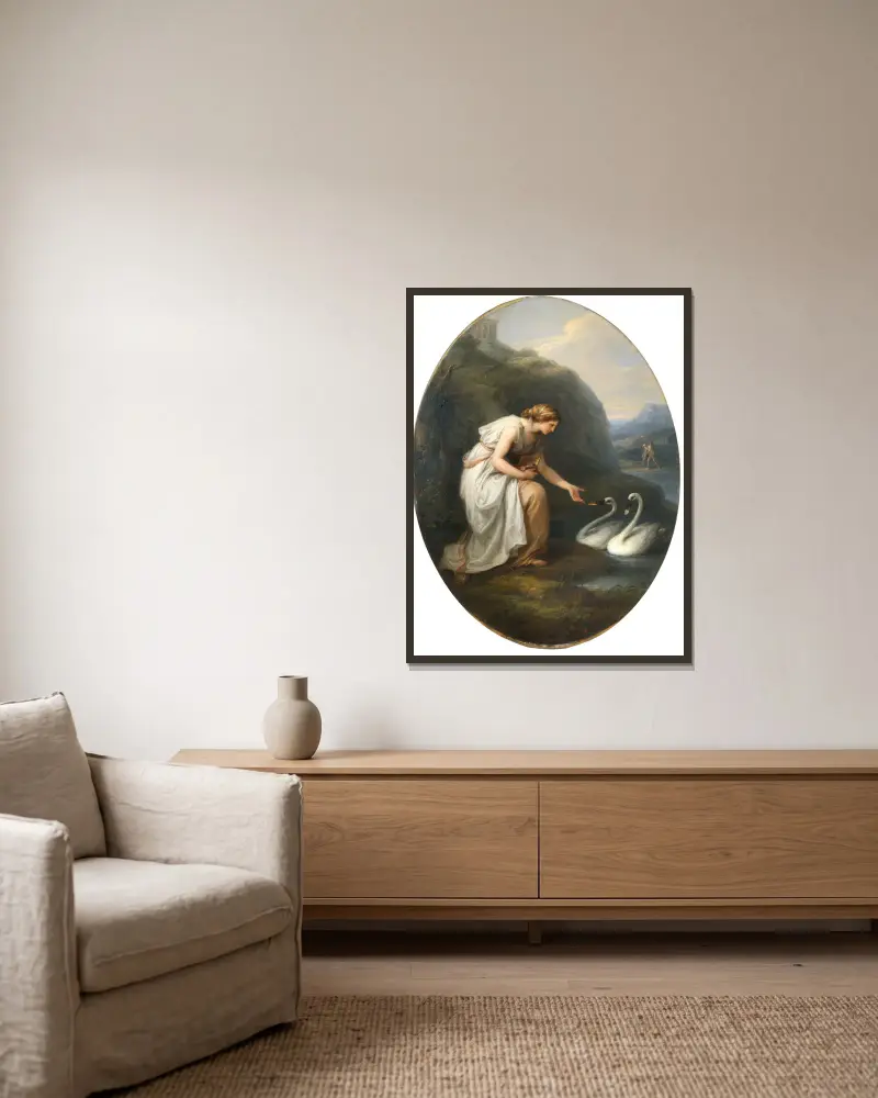 Immortalia, odödlighetens nymf, tar emot namnskyltar från två svanar av Angelica Kauffmann inramad på en vägg