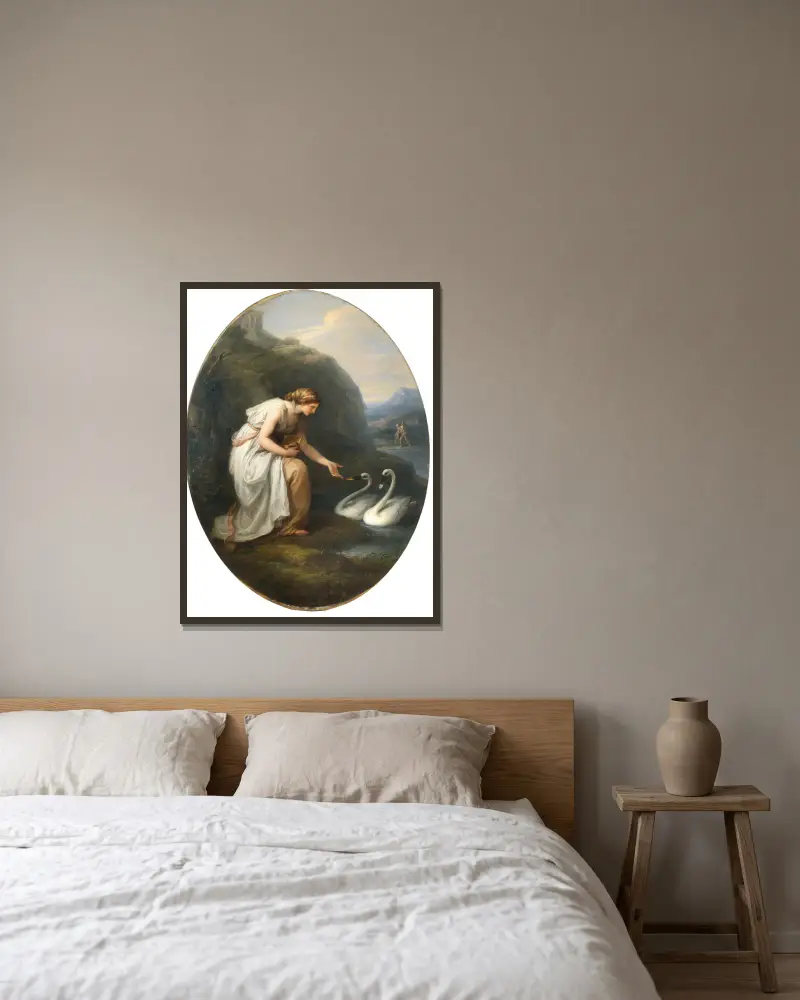 Immortalia, odödlighetens nymf, tar emot namnskyltar från två svanar av Angelica Kauffmann inramad på en vägg