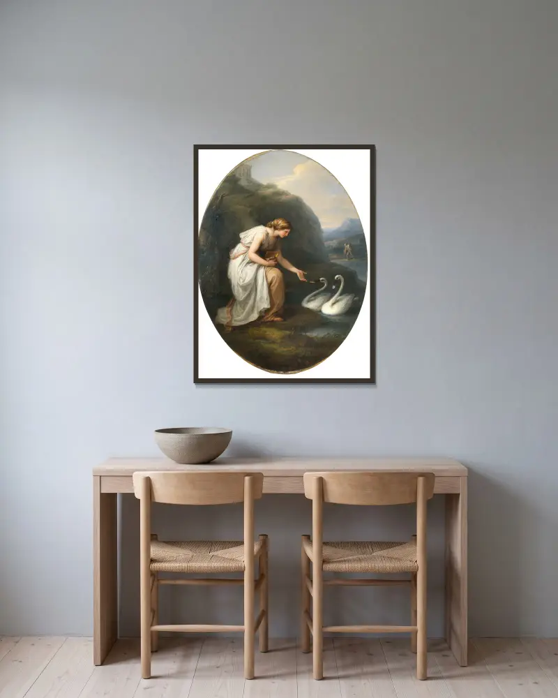 Immortalia, odödlighetens nymf, tar emot namnskyltar från två svanar av Angelica Kauffmann inramad på en vägg