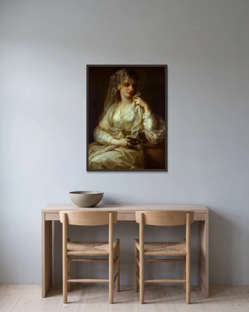 Porträt einer Dame als Vestalin von Angelica Kauffmann gerahmt an einer Wand