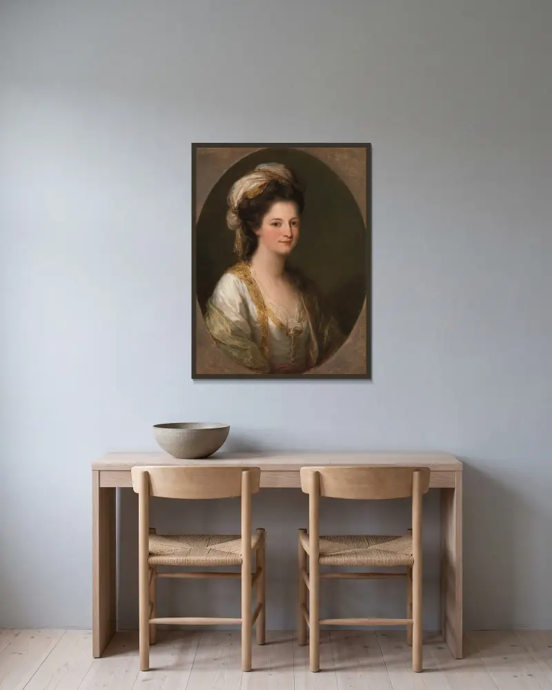 Porträtt av en kvinna, traditionellt identifierad som Lady Hervey av Angelica Kauffmann inramad på en vägg