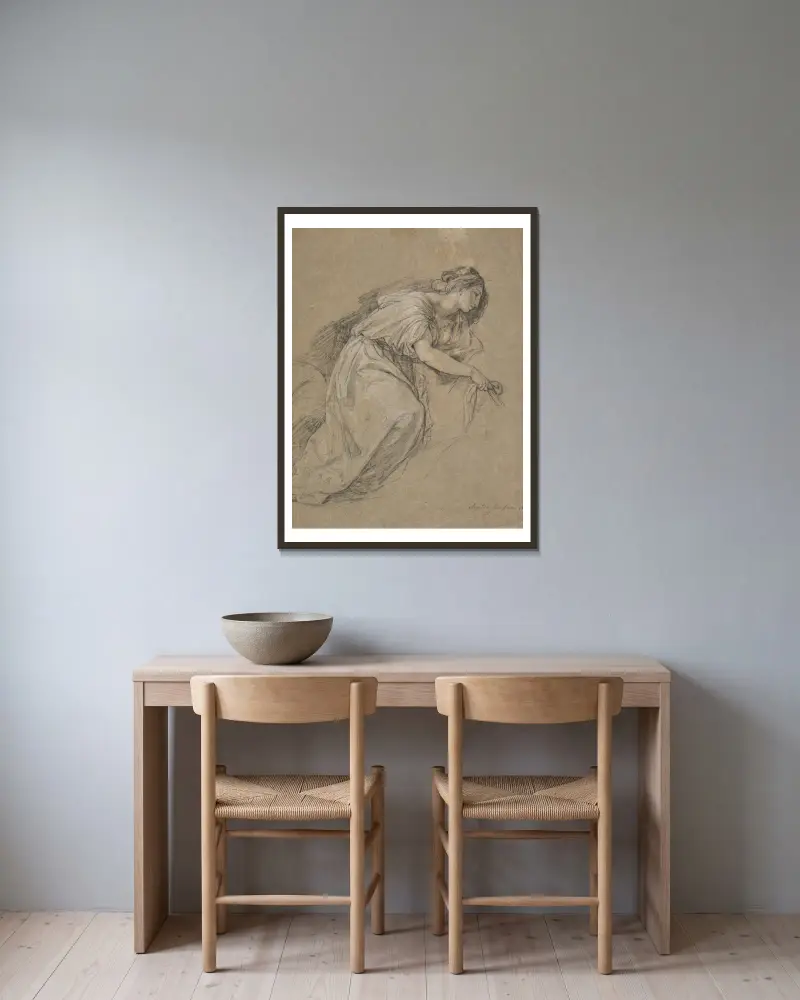 Studie efter levande modell av knäböjande kvinna i profil av Angelica Kauffmann inramad på en vägg
