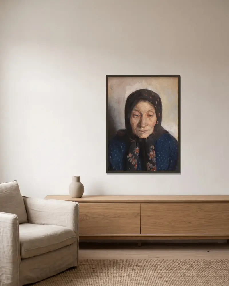 En gammal fiskares hustru av Anna Ancher inramad på en vägg