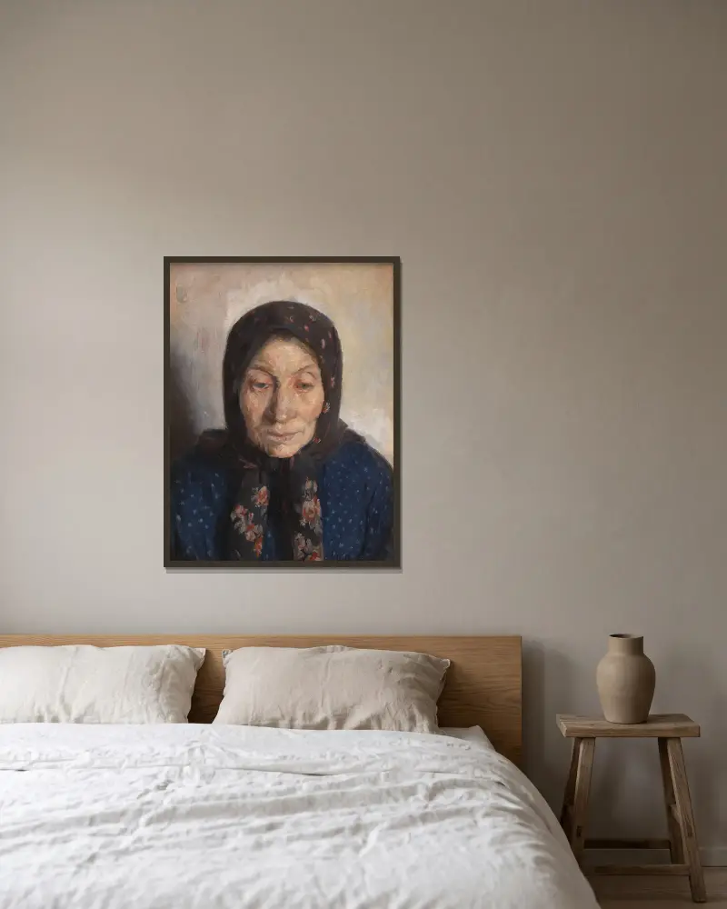 En gammal fiskares hustru av Anna Ancher inramad på en vägg