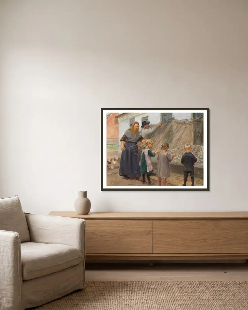 Fiskegarnene redes av Anna Ancher inramad på en vägg