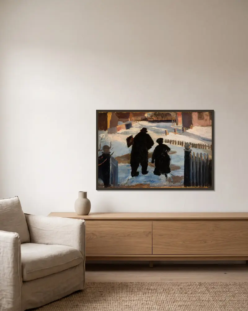 Michael Ancher på väg till sin ateljé i sällskap med organisten Helene Christensen av Anna Ancher inramad på en vägg