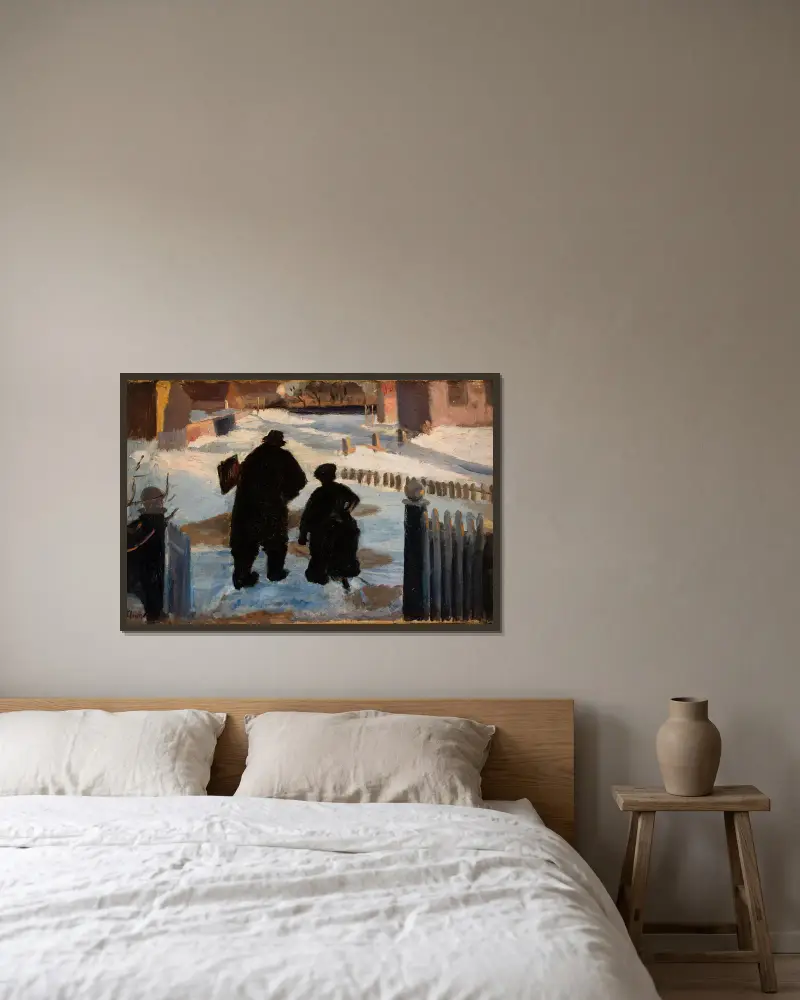 Michael Ancher på väg till sin ateljé i sällskap med organisten Helene Christensen av Anna Ancher inramad på en vägg