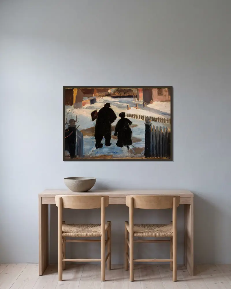 Michael Ancher på väg till sin ateljé i sällskap med organisten Helene Christensen av Anna Ancher inramad på en vägg