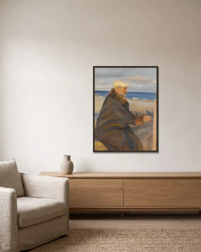 Michael Ancher målar på stranden av Anna Ancher inramad på en vägg