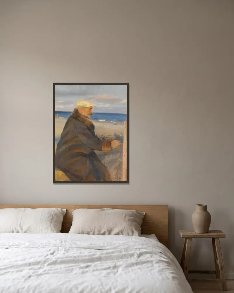 Michael Ancher målar på stranden av Anna Ancher inramad på en vägg