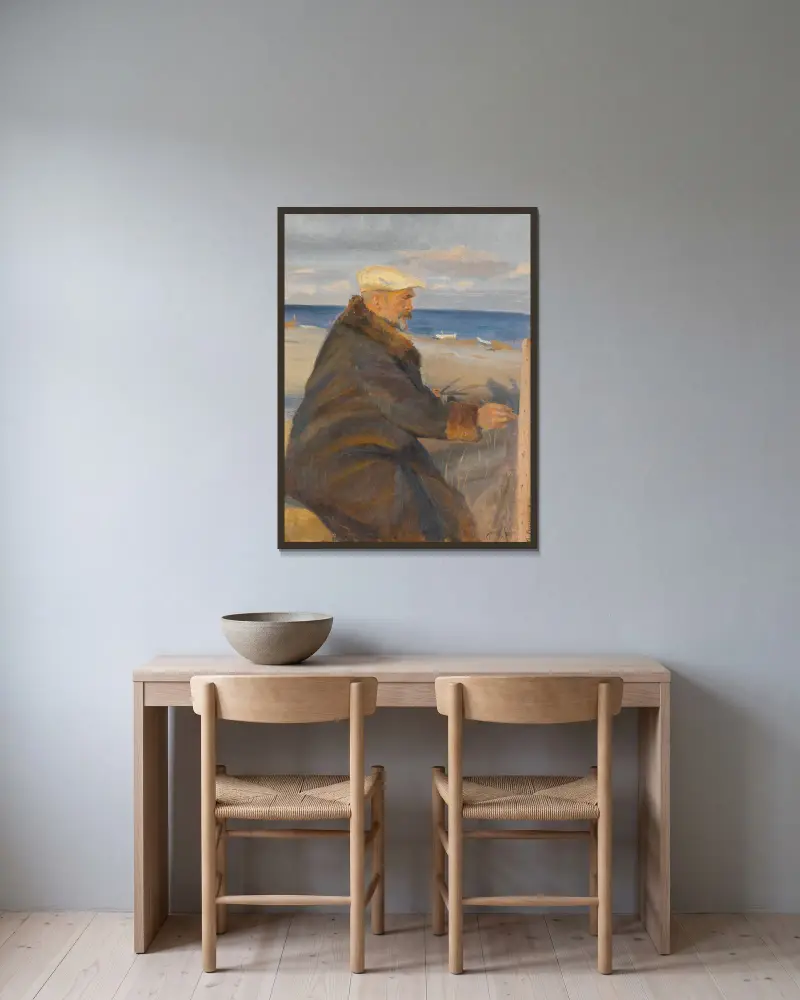 Michael Ancher målar på stranden av Anna Ancher inramad på en vägg