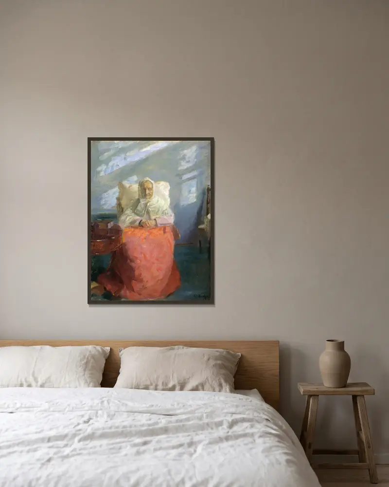 Frau Ane Brøndum im blauen Zimmer von Anna Ancher gerahmt an einer Wand