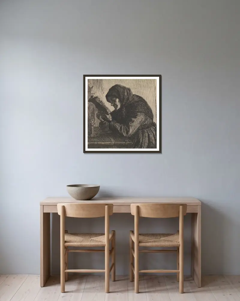 Reading old woman av Anna Ancher inramad på en vägg