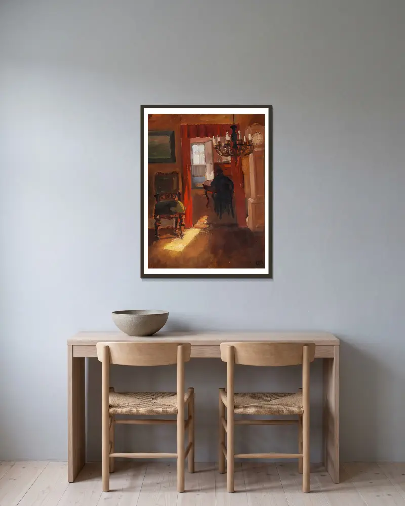 Skageninteriör med en solstråle på golvet av Anna Ancher inramad på en vägg
