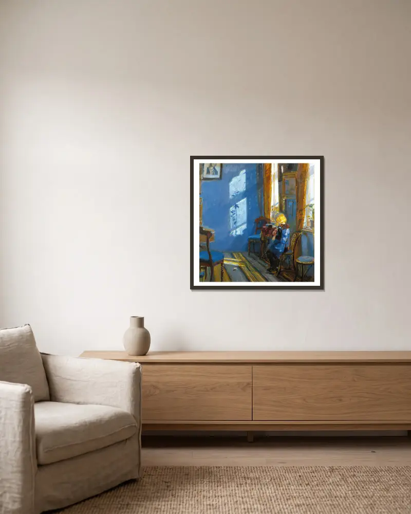 Sunlight in the blue room av Anna Ancher inramad på en vägg