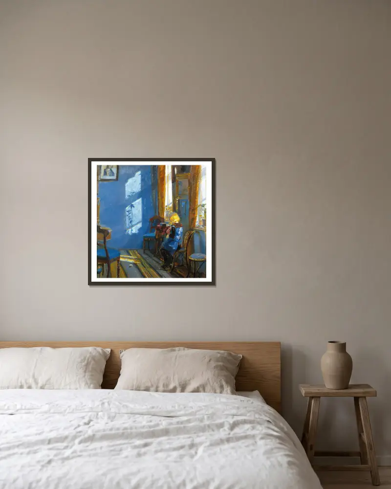 Sunlight in the blue room av Anna Ancher inramad på en vägg