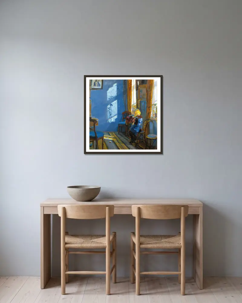 Sunlight in the blue room av Anna Ancher inramad på en vägg