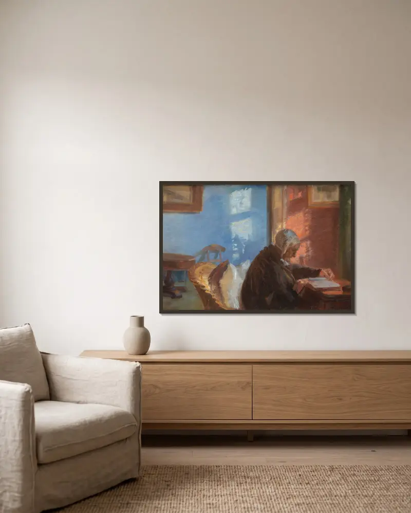 Konstnärens mor Ane Hedvig Brøndum i det röda rummet av Anna Ancher inramad på en vägg