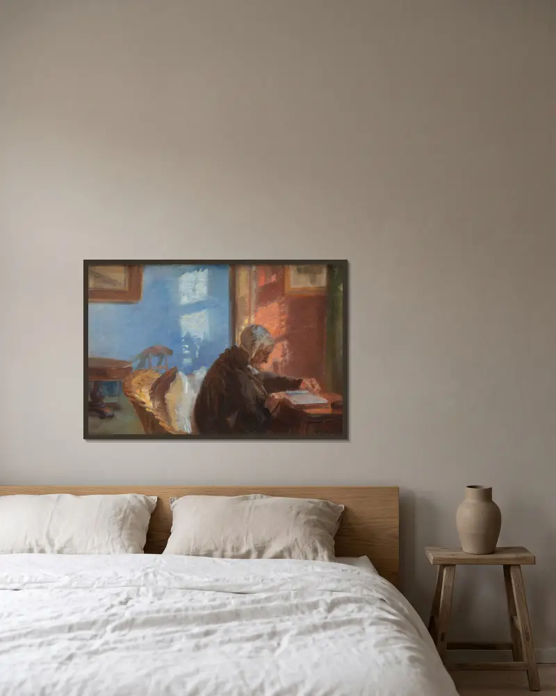 Konstnärens mor Ane Hedvig Brøndum i det röda rummet av Anna Ancher inramad på en vägg