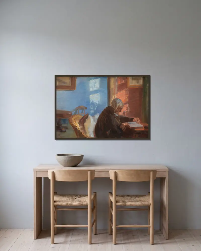 Konstnärens mor Ane Hedvig Brøndum i det röda rummet av Anna Ancher inramad på en vägg